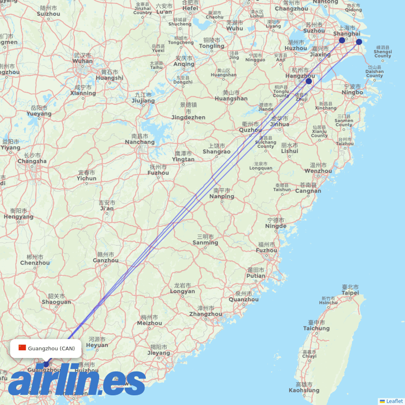 Shanghai Airlines from Guangzhou Baiyun International Airport destination map