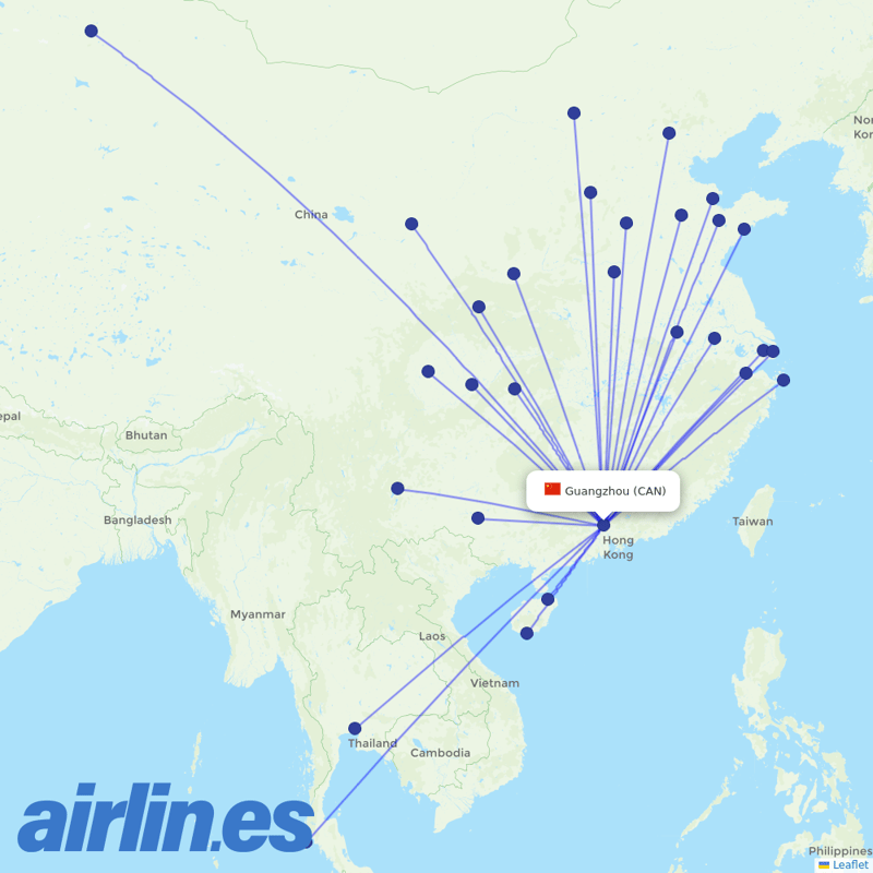 Hainan Airlines from Guangzhou Baiyun International Airport destination map