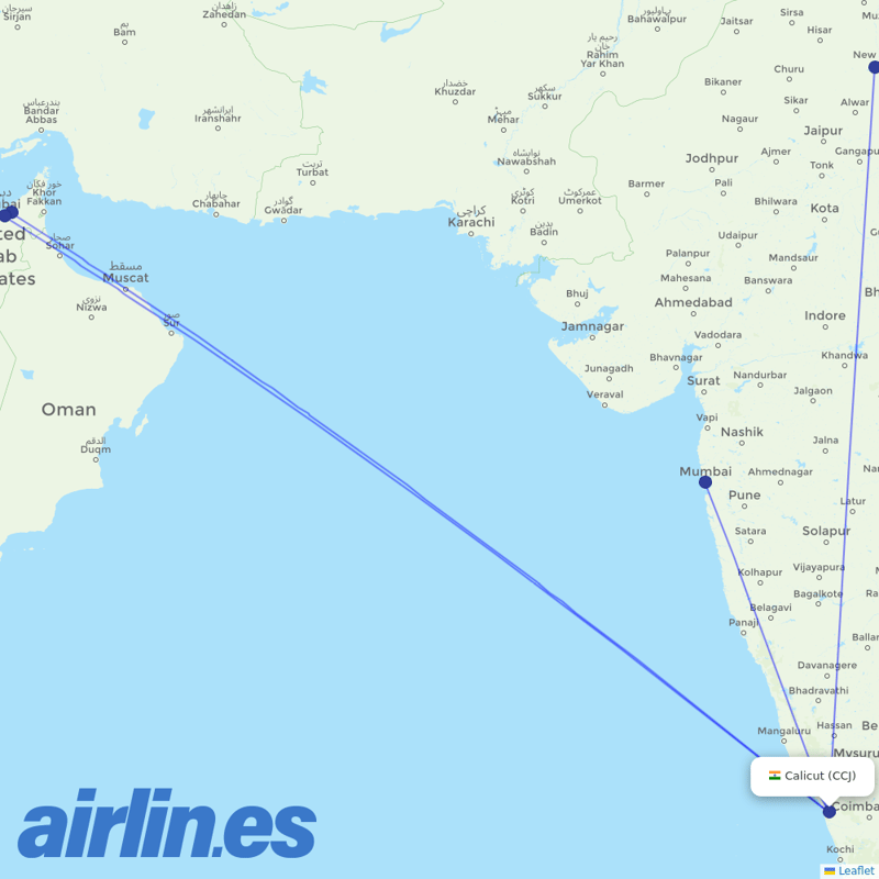 Air India from Calicut destination map
