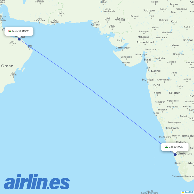Oman Air from Calicut destination map