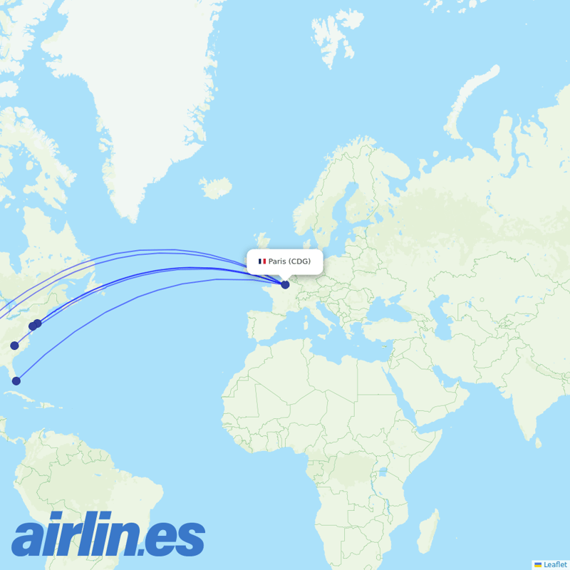 American Airlines from Charles De Gaulle destination map