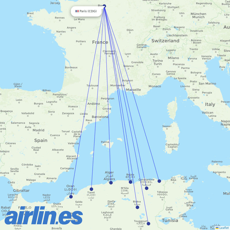 Air Algerie from Charles De Gaulle destination map