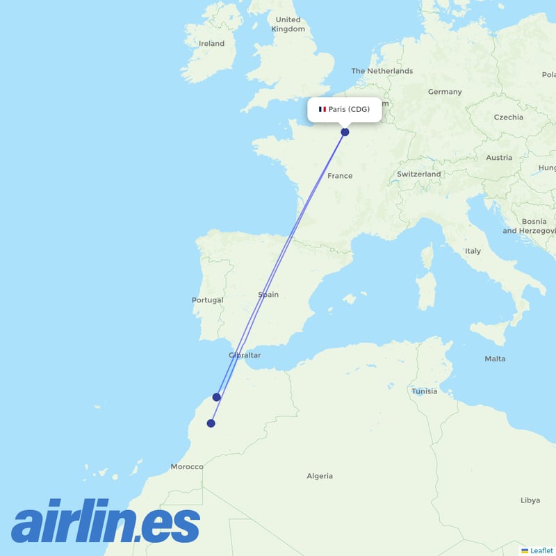 Royal Air Maroc from Charles De Gaulle destination map