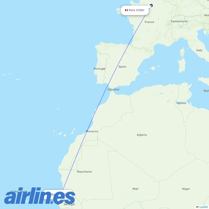 Air Senegal from Charles De Gaulle destination map