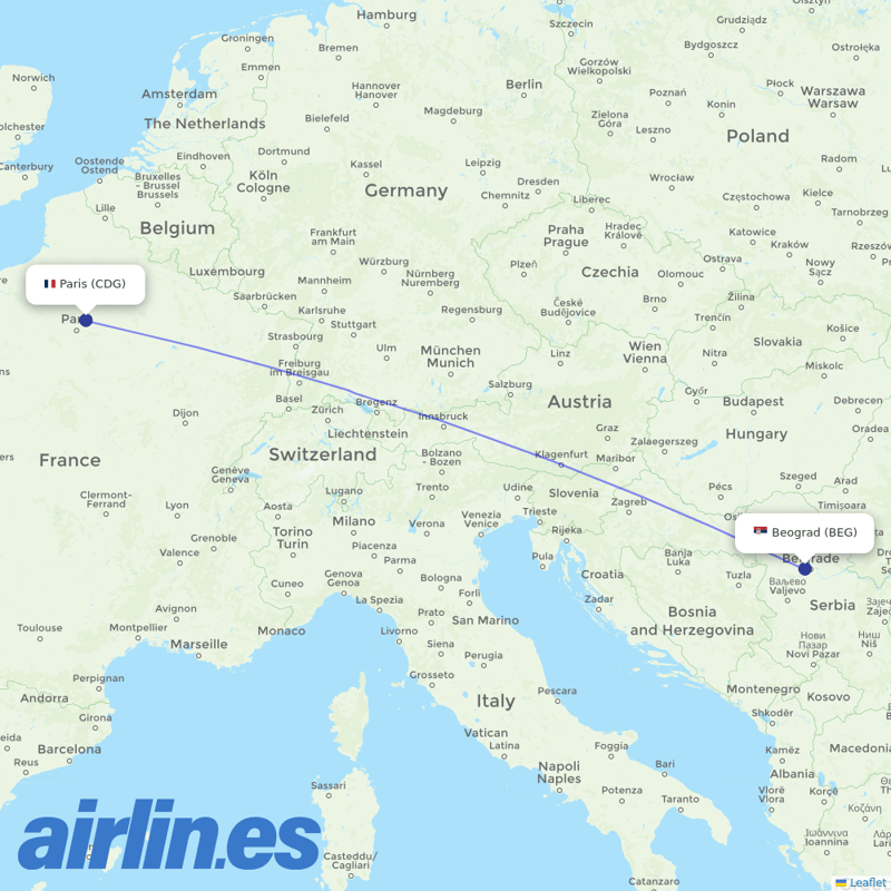 Air Serbia from Charles De Gaulle destination map