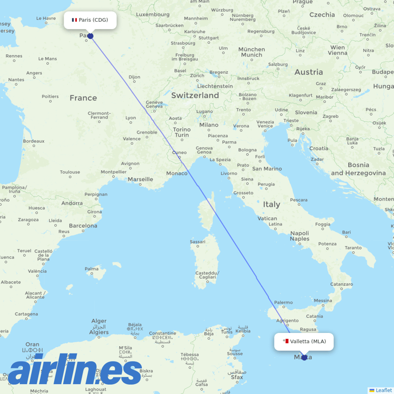 Air Malta from Charles De Gaulle destination map