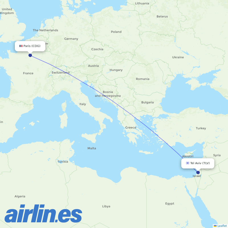 El Al from Charles De Gaulle destination map