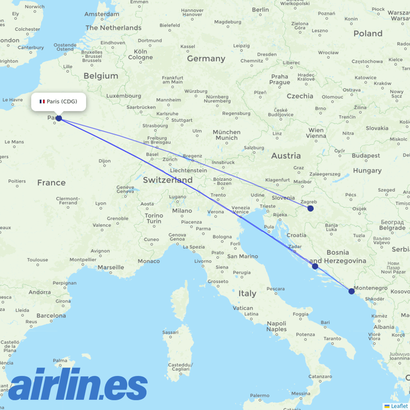 Croatia Airlines from Charles De Gaulle destination map