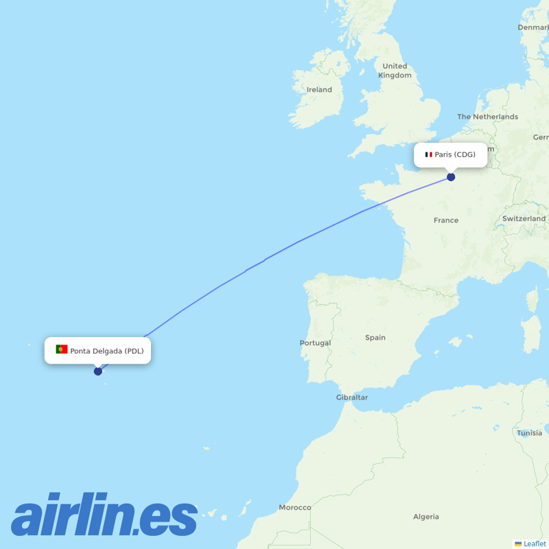 Azores Airlines from Charles De Gaulle destination map