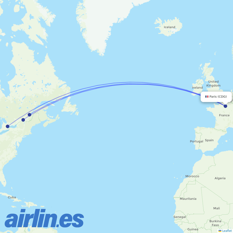 Air Transat from Charles De Gaulle destination map