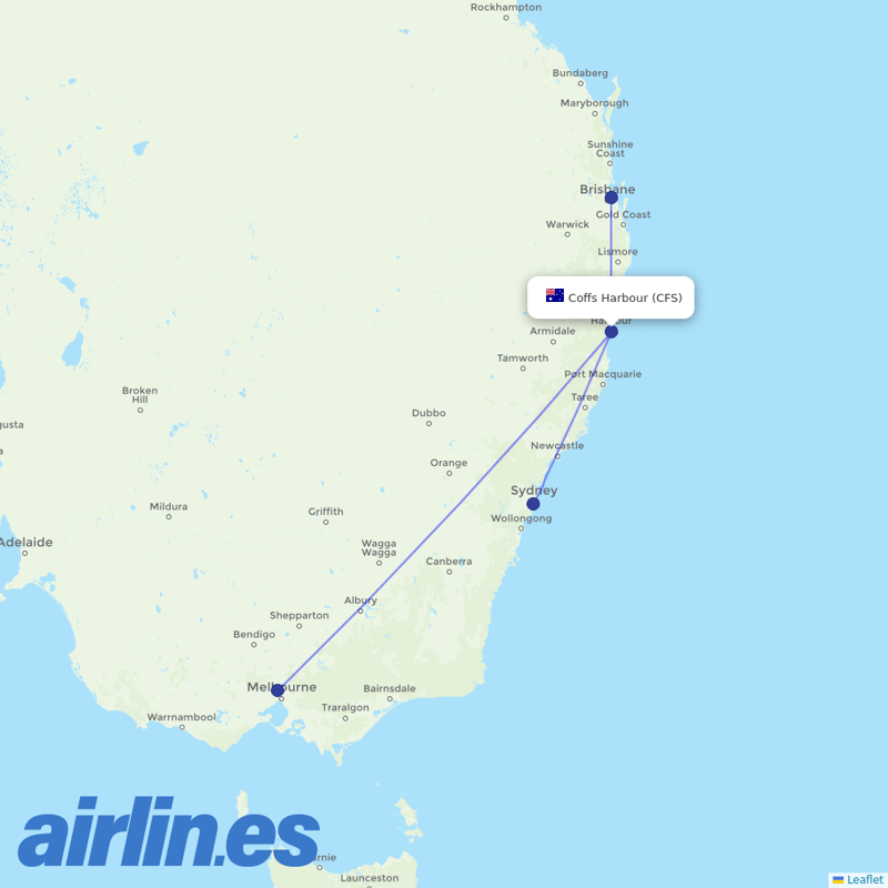 Qantas from Coffs Harbor destination map