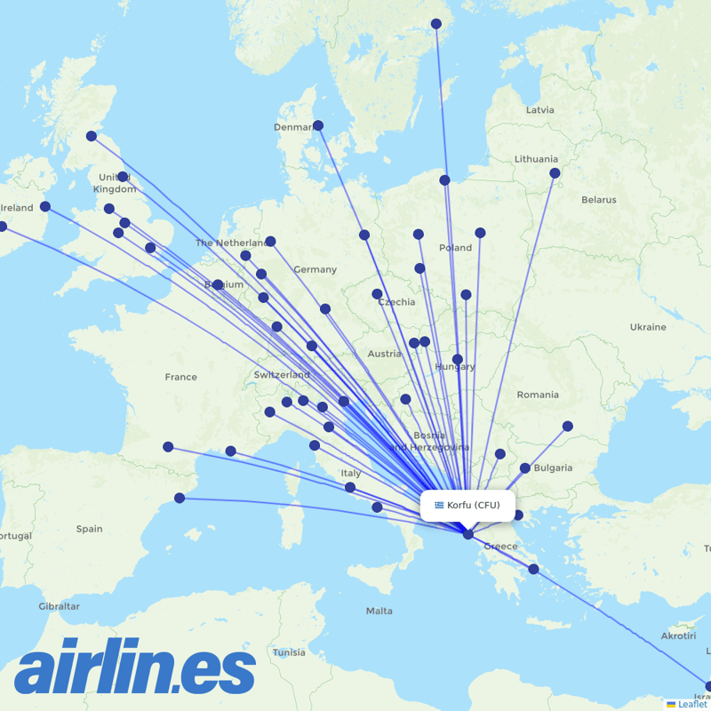 Ryanair from Corfu International Airport destination map