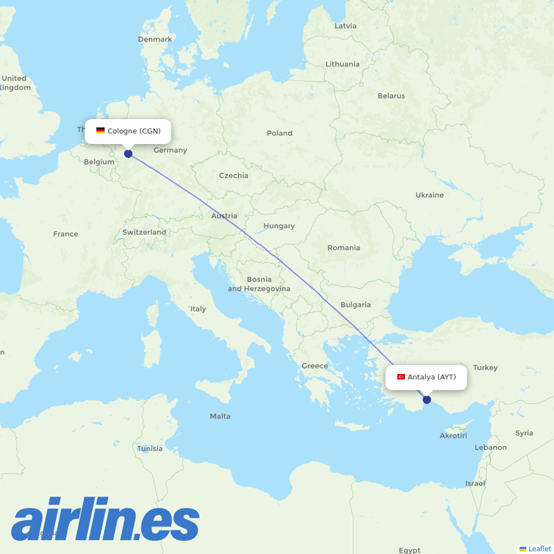 Corendon Airlines from Cologne Bonn Airport destination map