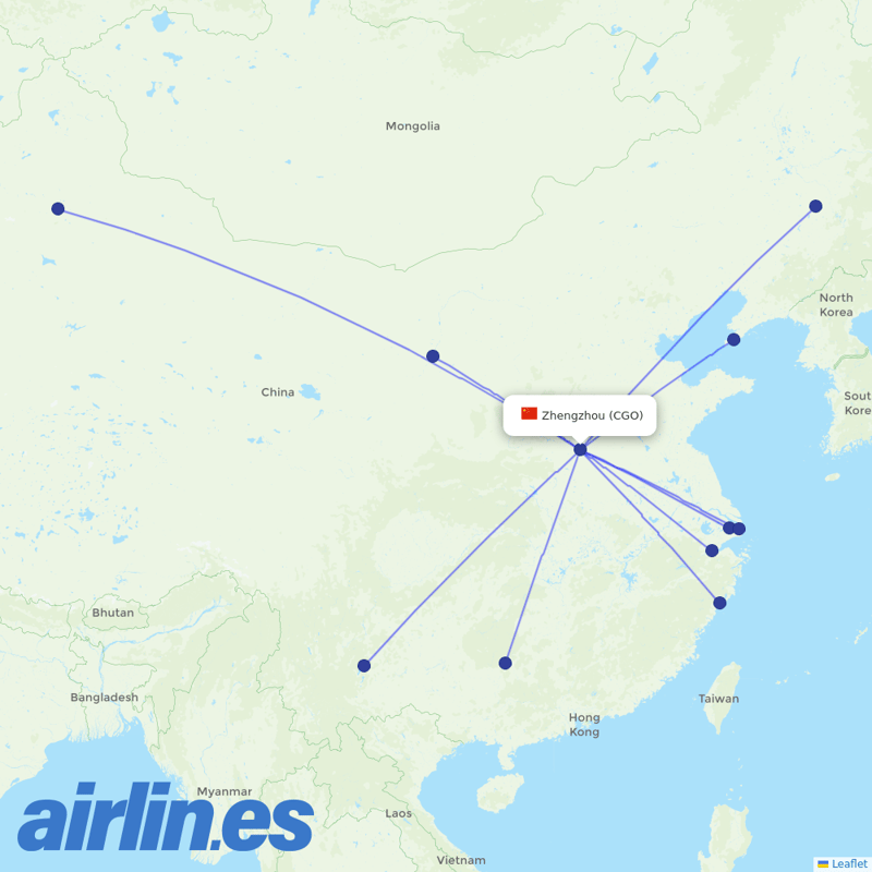 Shanghai Airlines from Zhengzhou Xinzheng International Airport destination map