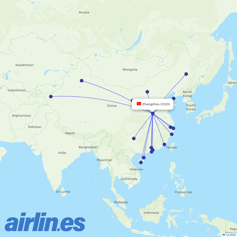 Hainan Airlines from Zhengzhou Xinzheng International Airport destination map