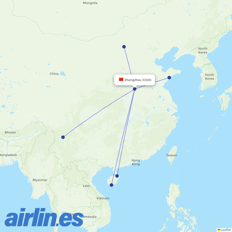 Beijing Capital Airlines from Zhengzhou Xinzheng International Airport destination map