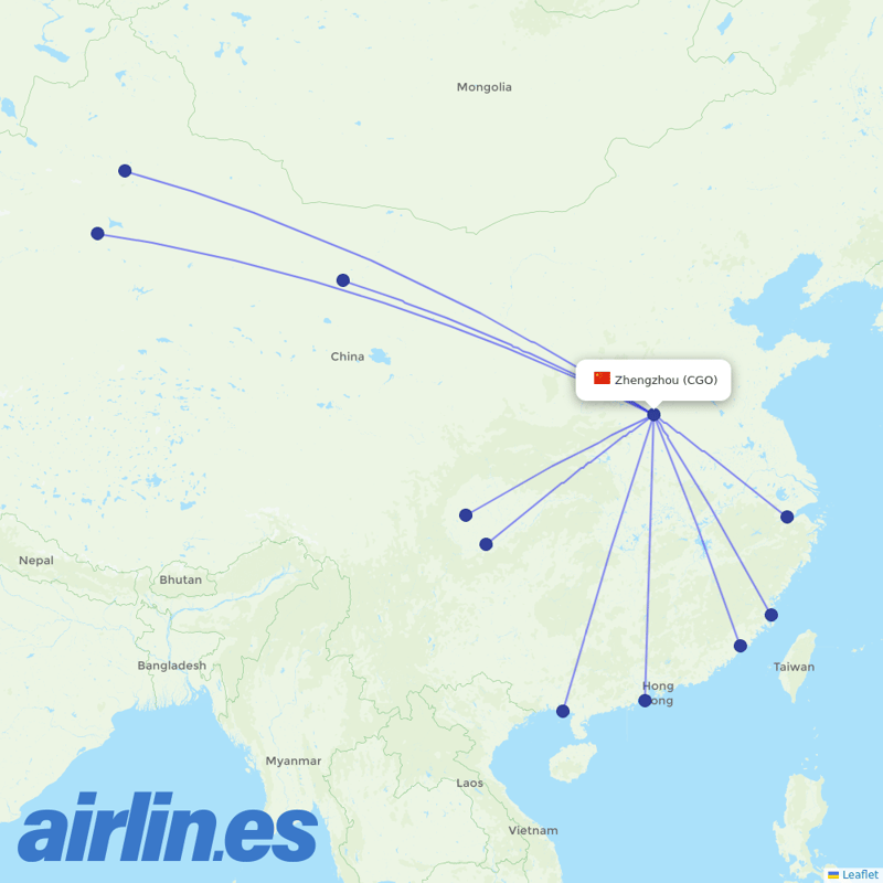 Jiangxi Airlines from Zhengzhou Xinzheng International Airport destination map