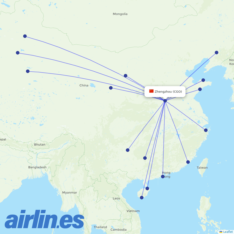 Shandong Airlines from Zhengzhou Xinzheng International Airport destination map