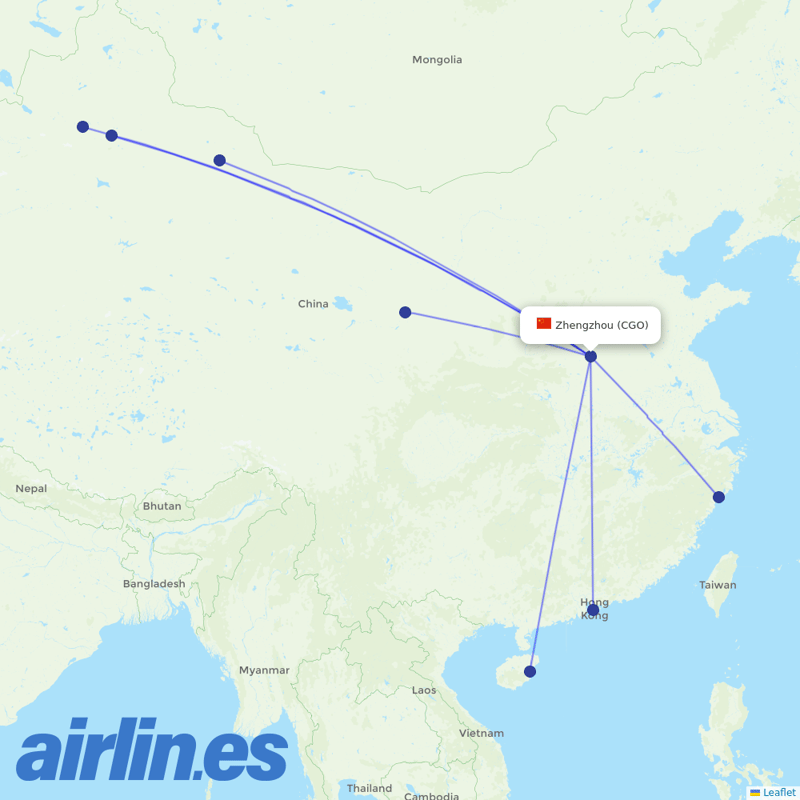Urumqi Airlines from Zhengzhou Xinzheng International Airport destination map