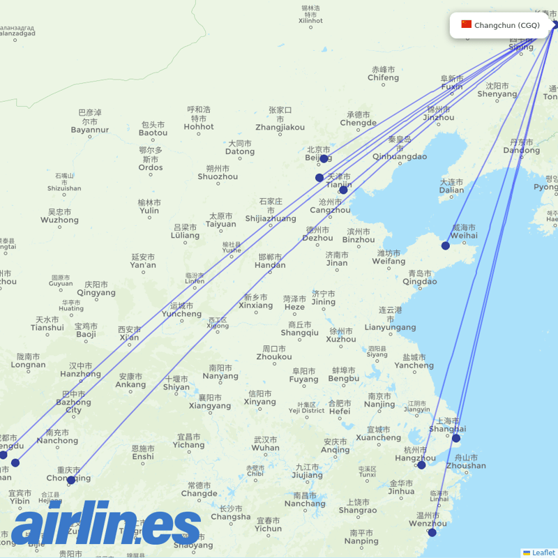 Air China from Changchun Longjia International Airport destination map