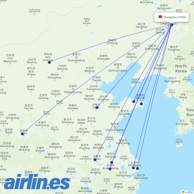 China Eastern Airlines from Changchun Longjia International Airport destination map