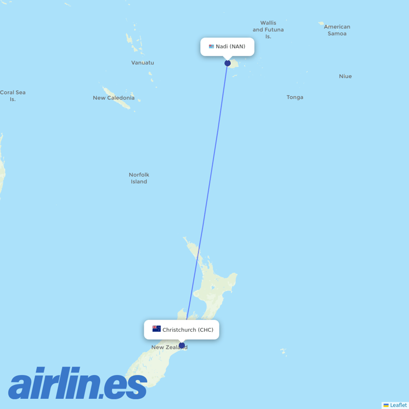 Fiji Airways from Christchurch International destination map