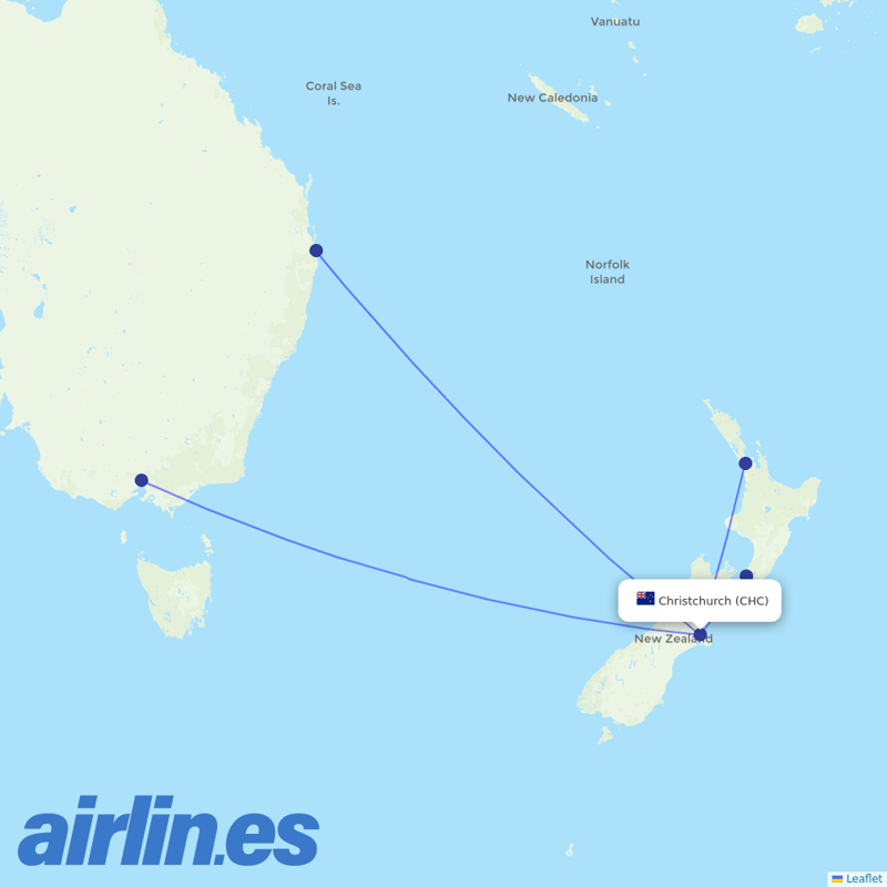 Jetstar from Christchurch International destination map