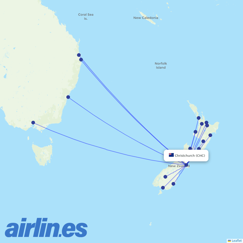 Air New Zealand from Christchurch International destination map