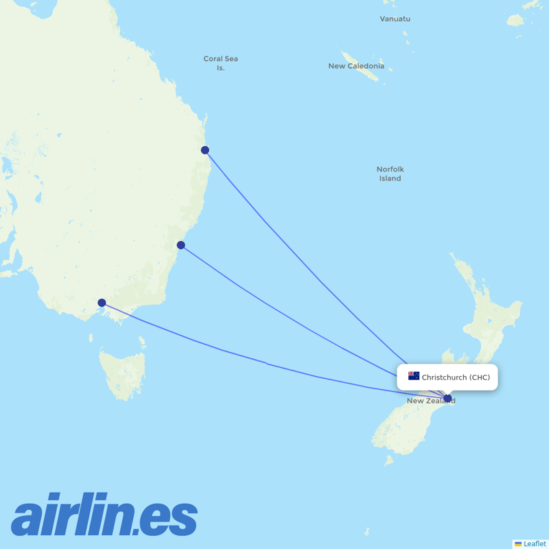 Qantas from Christchurch International destination map