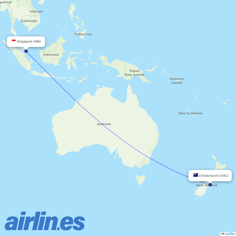 Singapore Airlines from Christchurch International destination map