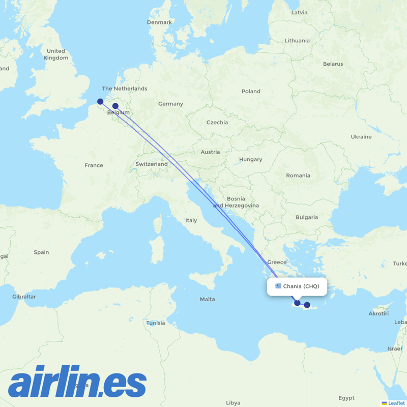 TUI Airlines Belgium from Chania International Airport destination map