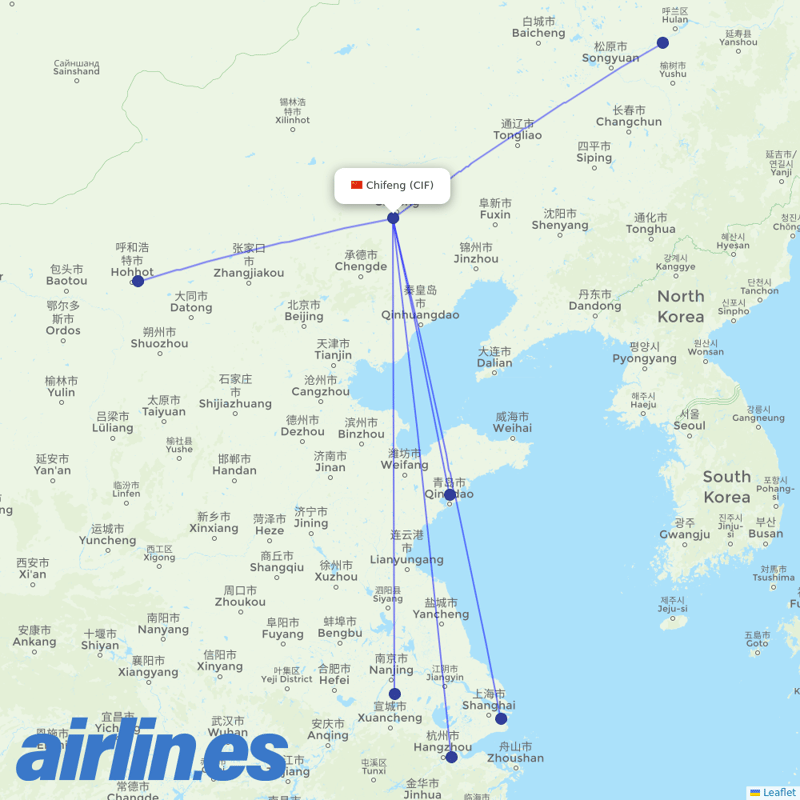 Juneyao Airlines from Chifeng Airport destination map