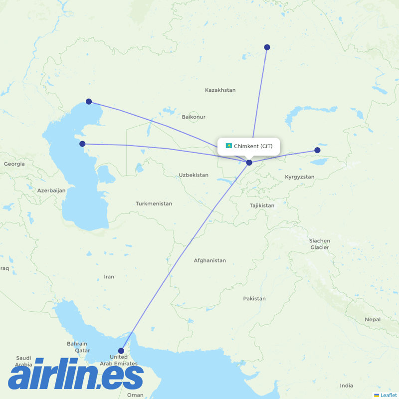 Air Astana from Shymkent destination map