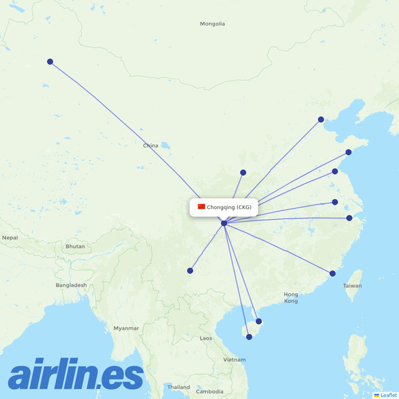Tianjin Airlines from Chongqing Jiangbei International Airport destination map