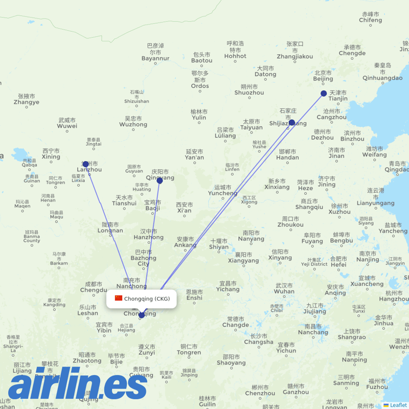 Hebei Airlines from Chongqing Jiangbei International Airport destination map