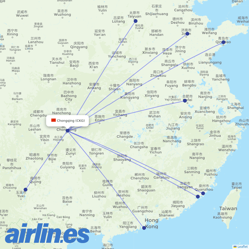 Shandong Airlines from Chongqing Jiangbei International Airport destination map