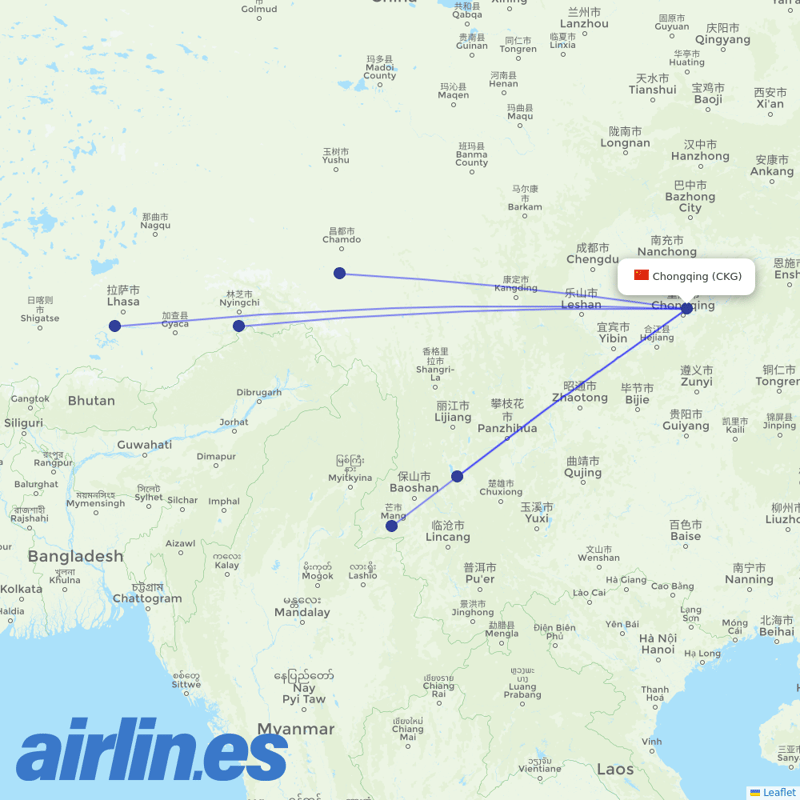 Tibet Airlines from Chongqing Jiangbei International Airport destination map