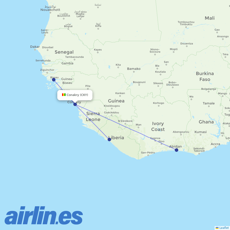 Air Cote D'Ivoire from Conakry destination map