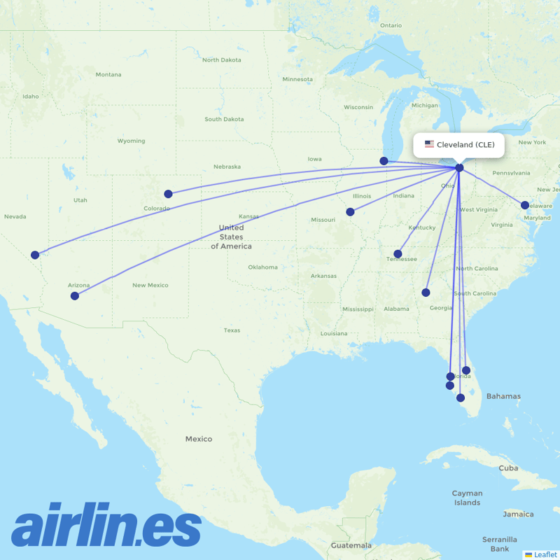 Southwest Airlines from Cleveland Hopkins International destination map