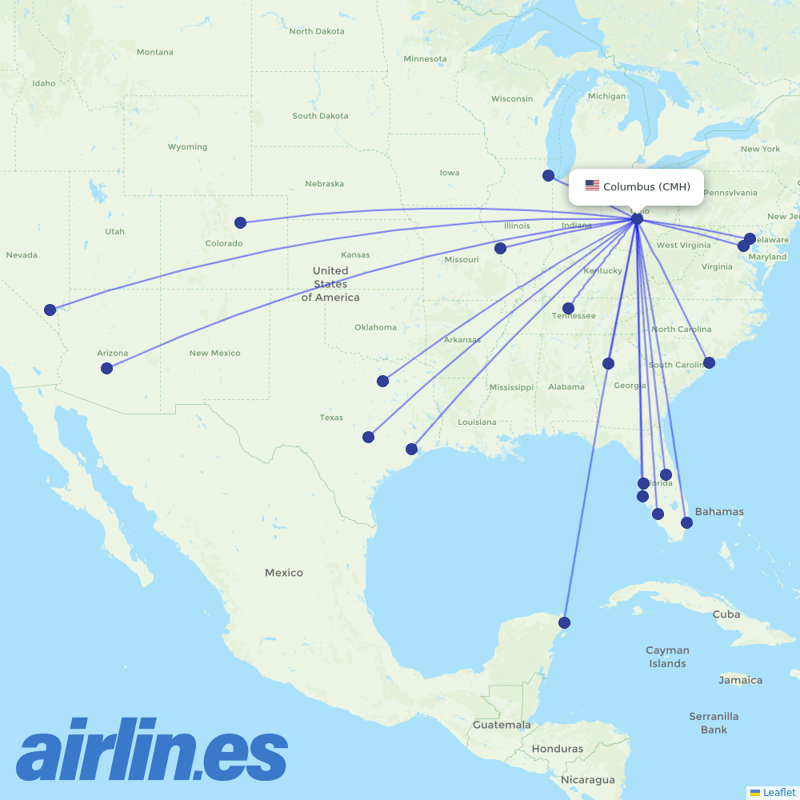 Southwest Airlines from Port Columbus International destination map