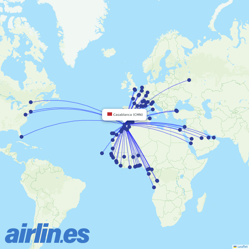 Royal Air Maroc from Mohammed V International Airport destination map