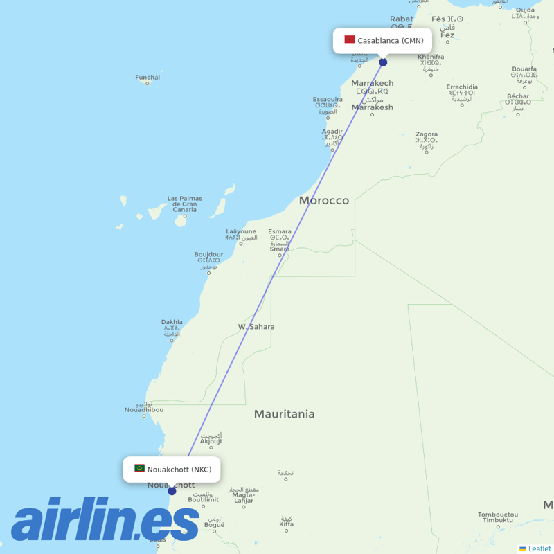 Mauritania Airlines International from Mohammed V International Airport destination map