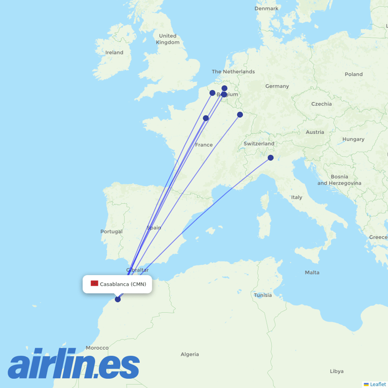 TUI Airlines Belgium from Mohammed V International Airport destination map