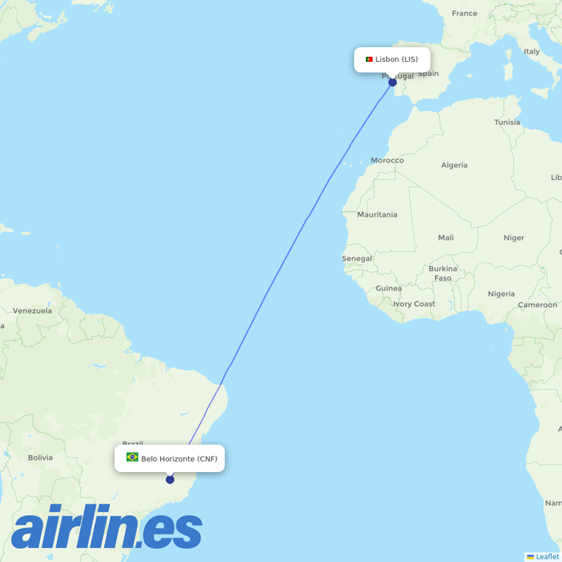 TAP Portugal from Belo Horizonte International Airport destination map