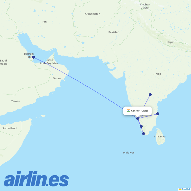 IndiGo from Kannur International Airport destination map