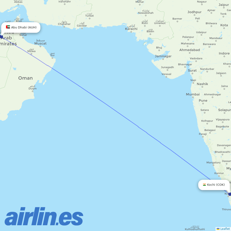 Air Arabia Abu Dhabi from Cochin destination map