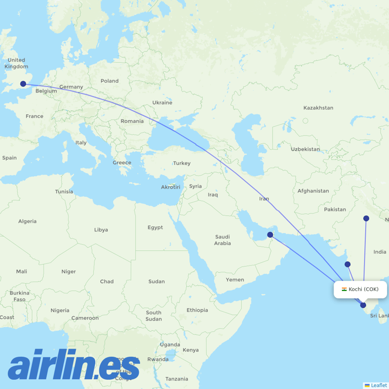 Air India from Cochin destination map