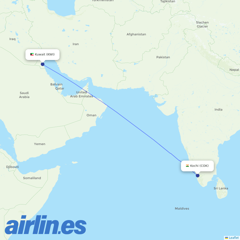 Kuwait Airways from Cochin destination map