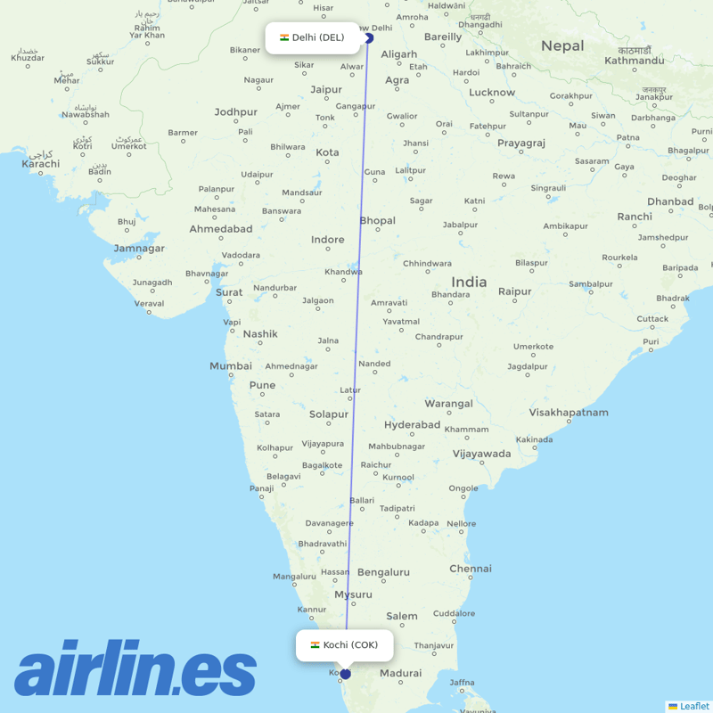 Vistara from Cochin destination map