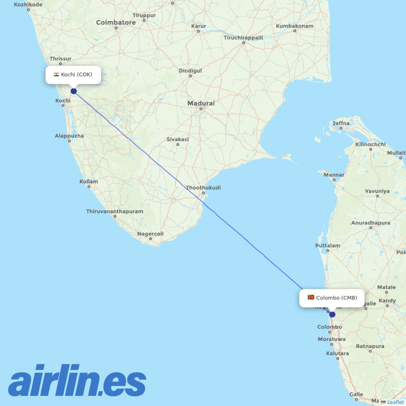 SriLankan Airlines from Cochin destination map
